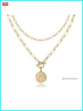 14K Gold Plated Layered Necklace Set Dainty Sun Moon Pendant
